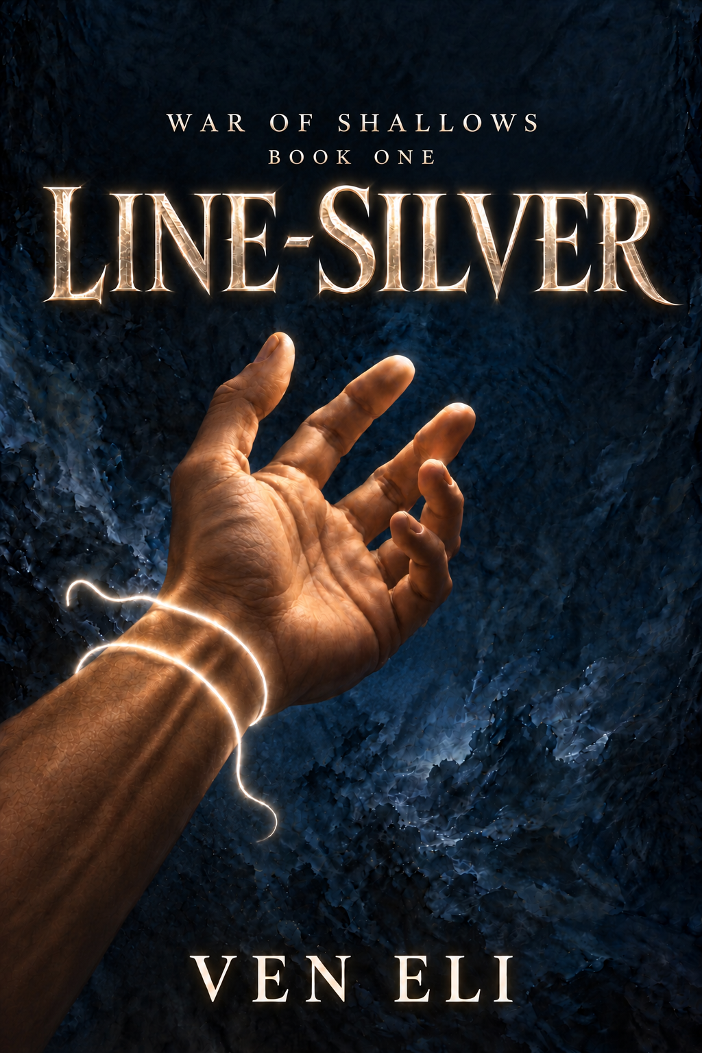 Line-Silver by Ven Eli. An outstretched hand encircled by a silver thread.