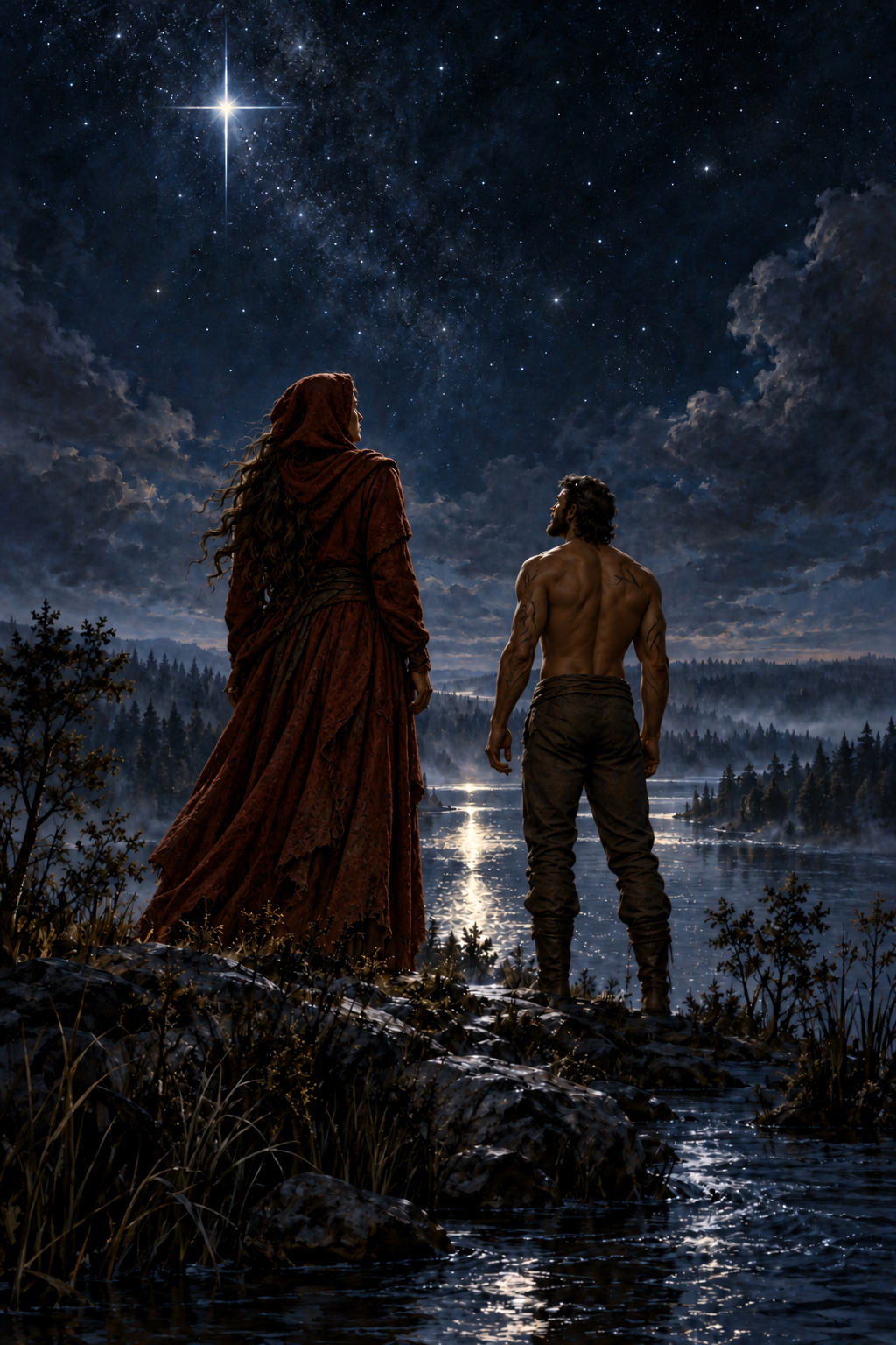 Two siblings stand beside a river beneath a bright star in the north.